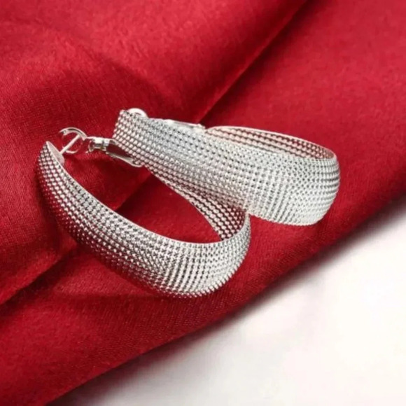925 Sterling Silver Textured Oval Hoop Earrings - Picture 1 of 7